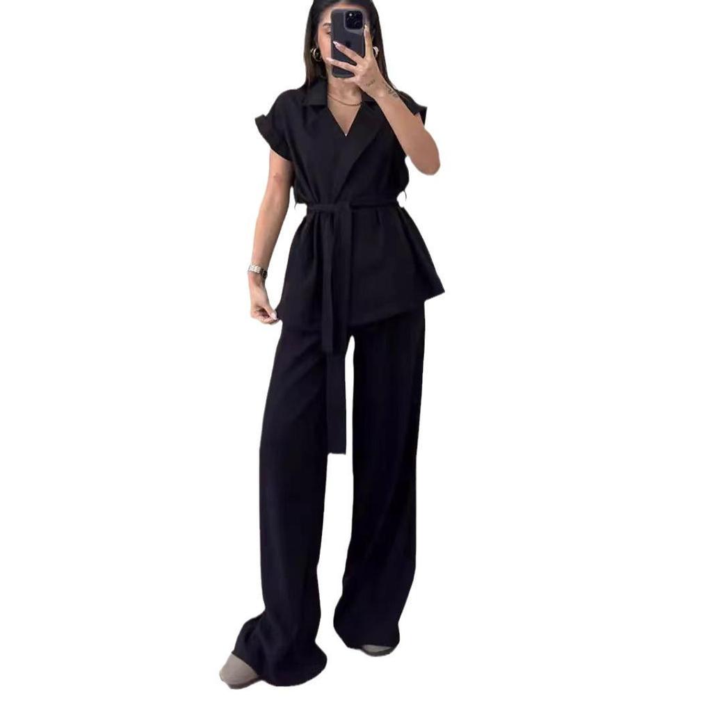 2026 Women's Fashion Sleeveless Turn-Down Collar Top & High Waist Two-Piece Set - Solid Color Autumn Collection