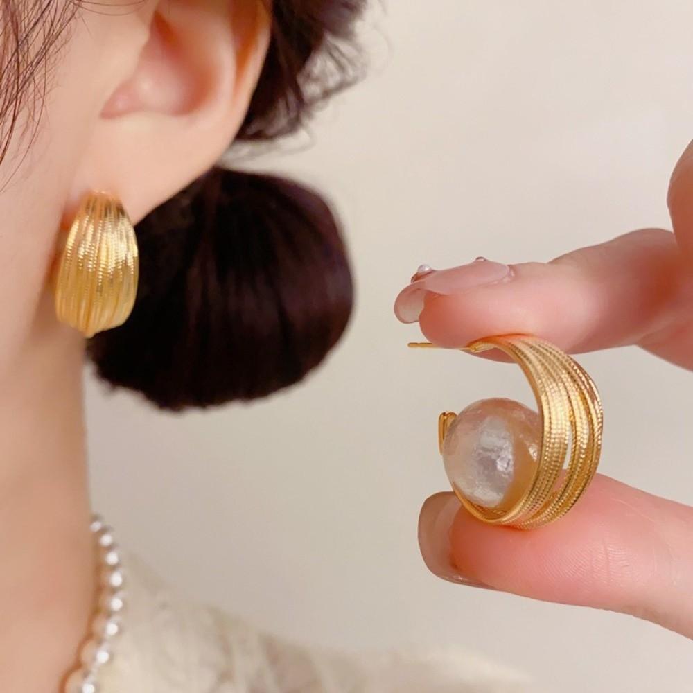 Vintage Geometric Bead Earrings Striped Oval Huggie Earrings Trendy Hoop Earrings For Women