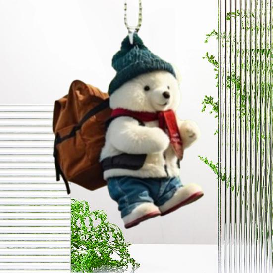 Cute Bear Rearview Mirror Pendant Stylish Backpack Bear Design Lifelike White Bear Ornament