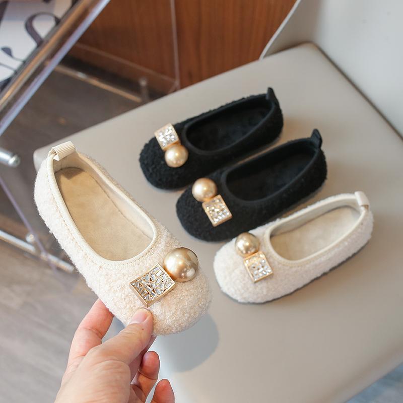 Autumn Winter Solid Girls Flats Shoes Rhinestones Short Plush Warm Kids Ballet Flats Princess Toddler Children Fashion Shoes