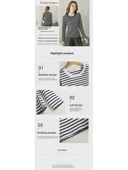 2024 Women's Loose-Fit Striped Long-Sleeve Cotton T-Shirt for Spring & Autumn, Age-Reducing, Plus-Size Slimming Top.