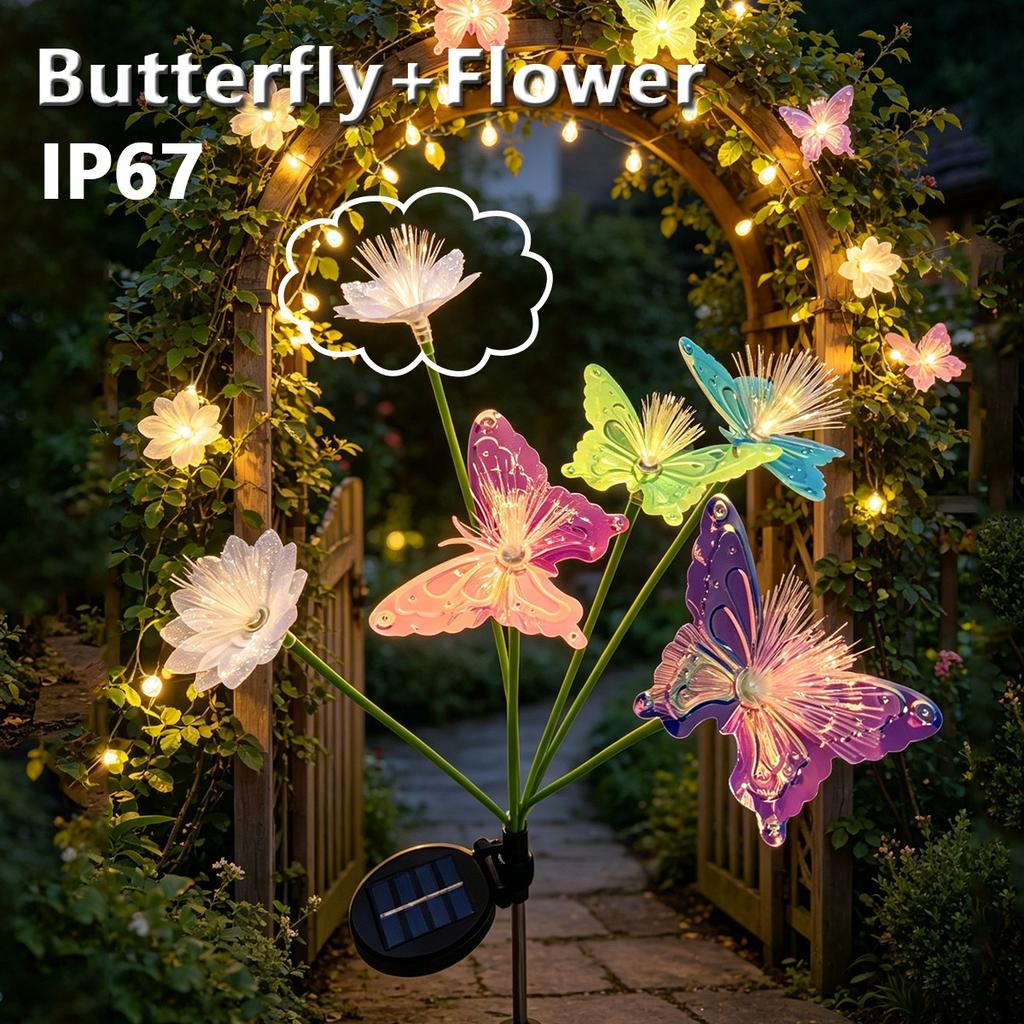 Colorful/Warm Solar Butterfly Flower Lights Fiber Optic LED Garden Stake Lights Waterproof Outdoor Decor for Yard Lawn Patio 2pack