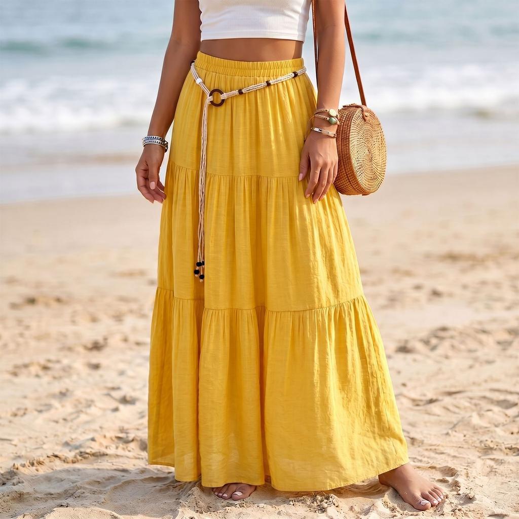 Gonna Maxi da Donna Casual a Vita Elastica, con Volant, Leggera in Cotone e Lino, Lunga, per Vacanze e Mare, Design a Linea A