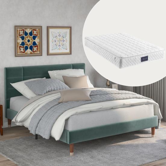 Upholstered Bed 1 Set Frame Cushion Spring Thick Headboard Mattress Solid Color Anti-wear for Room