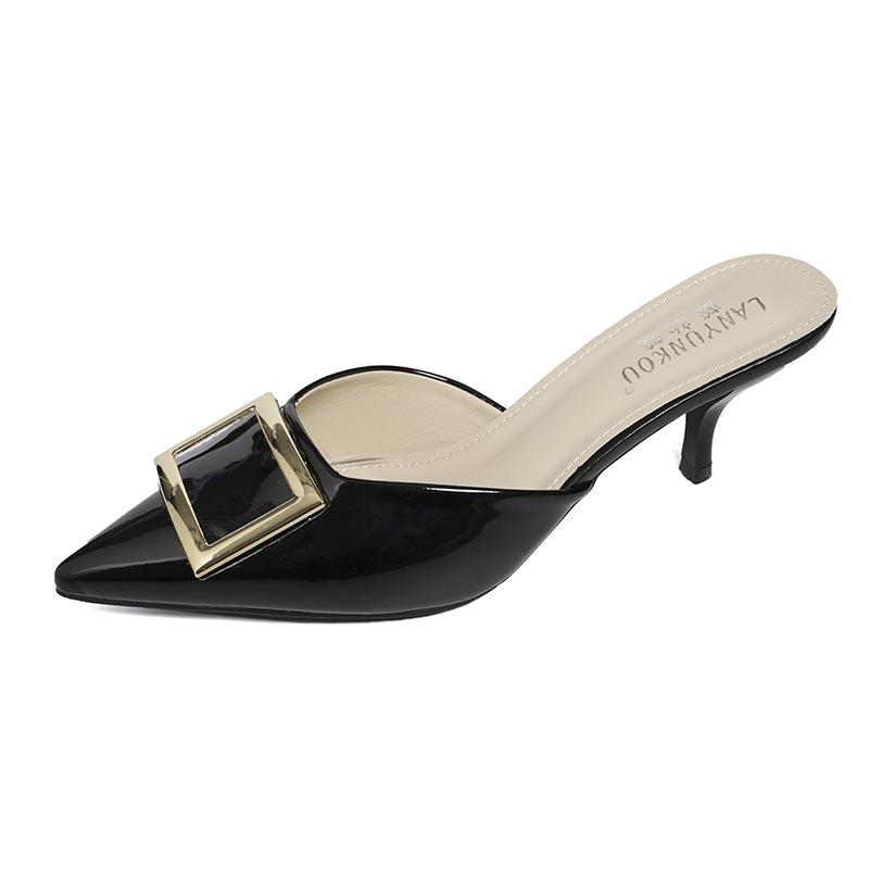 Women's Shoes 2025 Spring New Square Head Square Buckle Light Mouth Thick Heel High Heel Slippers Patent Leather Bag Head Half Slippers Outer Wear Wo