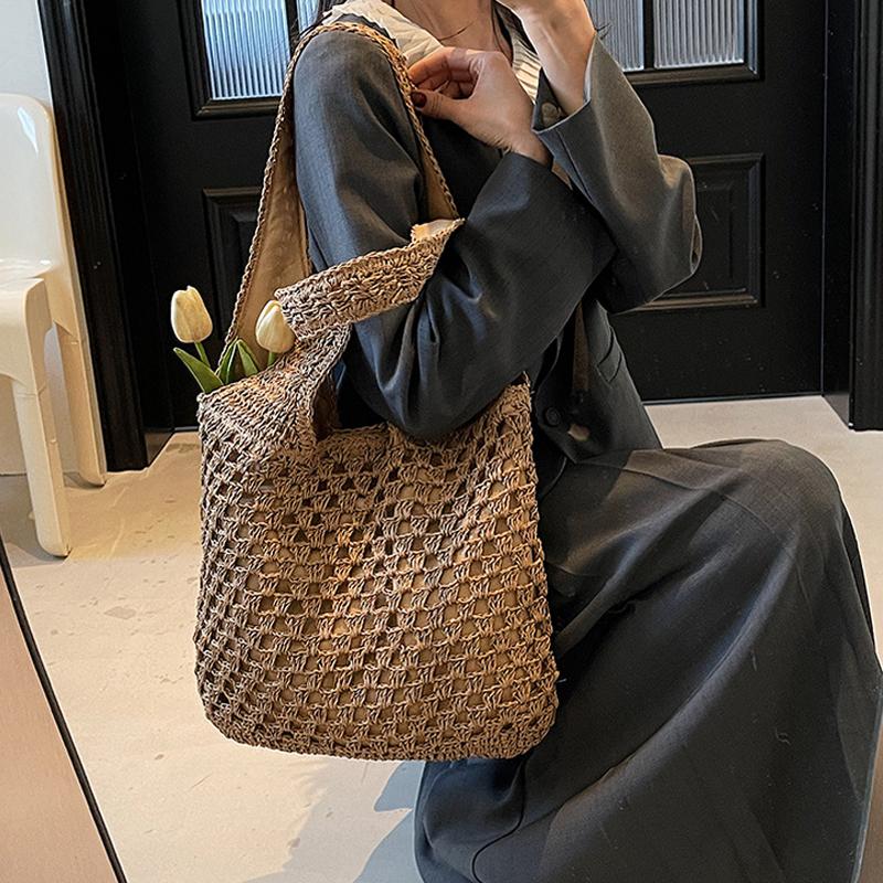 Yogodlns Casual Woven Straw Bag Large Capacity Fashionable Shoulder Beach Vacation Bag for Spring Summer Shopper Handbag Totes