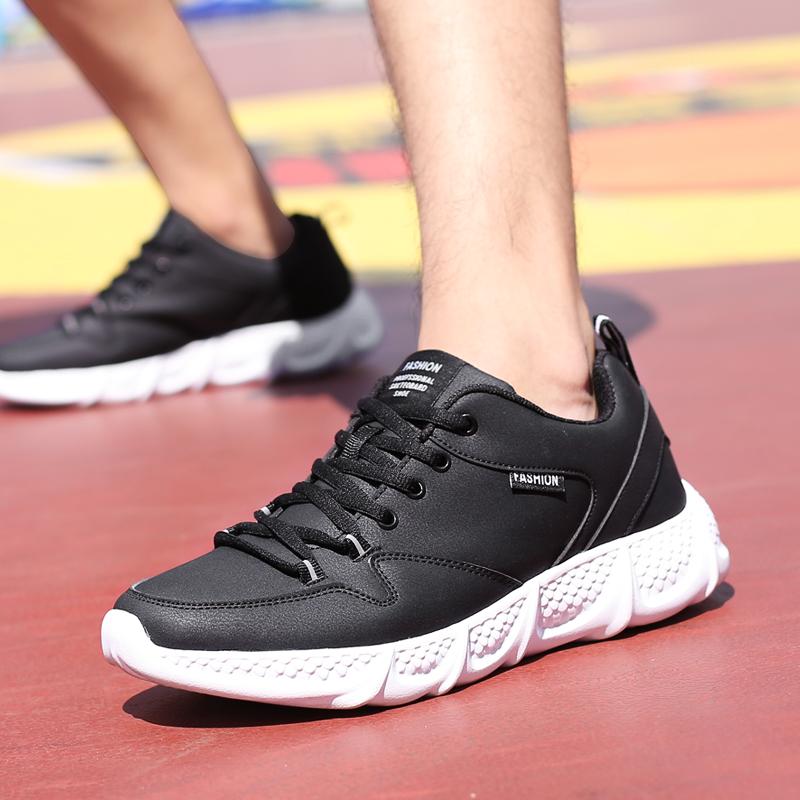 Lace-up Men's Sports Shoes PU Leather Running Shoes Black Outdoor Casual Sneakers for Walking Jogging Waterproof