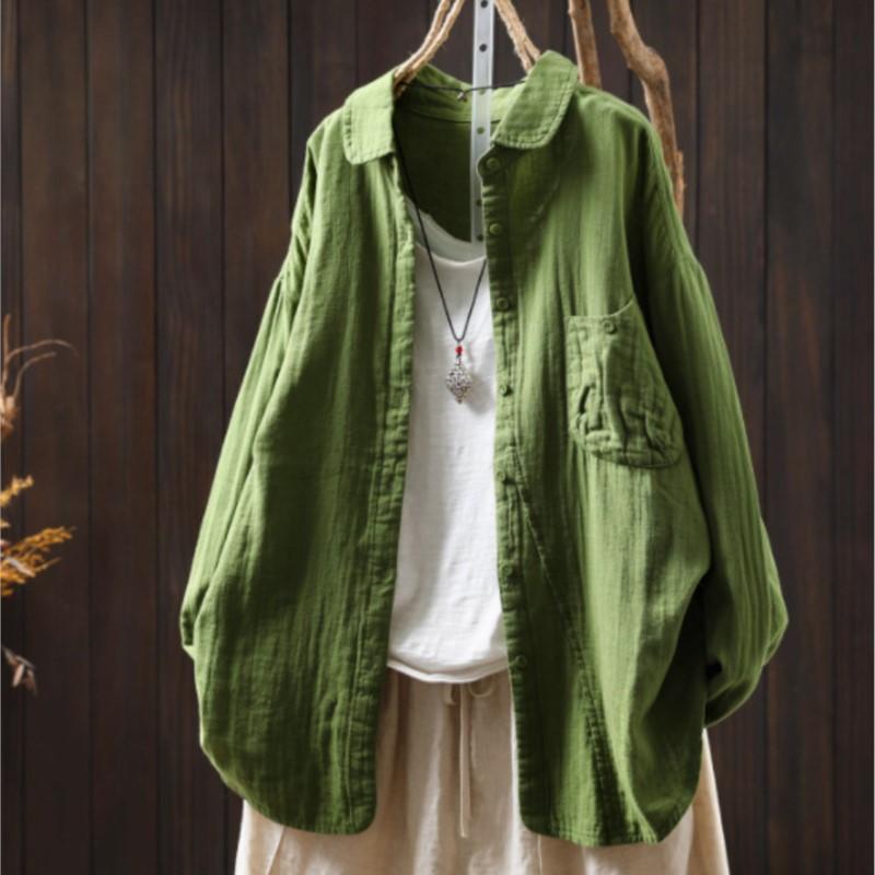 Johnature Femmes Chemises Vintage Tops Col Rabattu Patchwork Poches Blouses Automne Chemises Couleur Unie