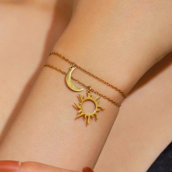 Women Adjustable Bracelet Asymmetrical Sun Moon Design Long Pendant Drop Earrings Face Slimming Jewelry