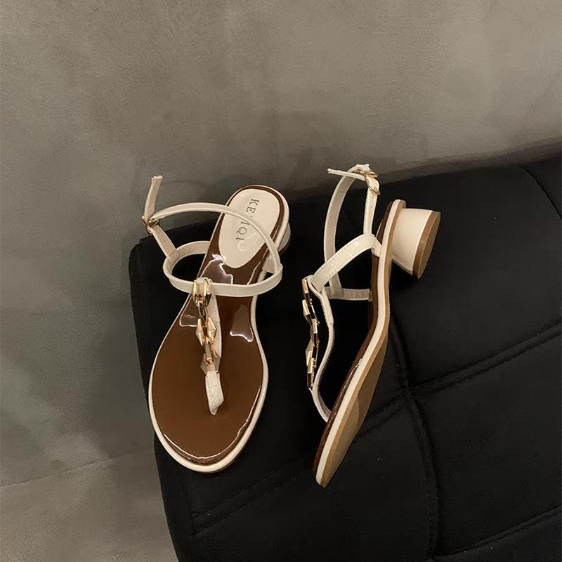 Niche thick heel French toe sandals fairy shoes 2025 new summer black temperament with skirt Roman shoes