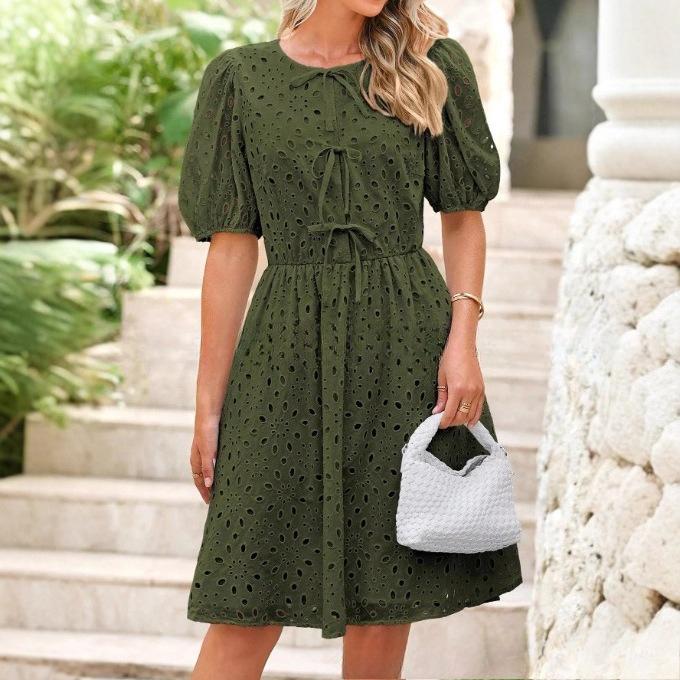 VEZFAA Damesmode Zomer Lente Effen Kleur Print Korte Mouw O-hals Hoge Taille Casual Jurken