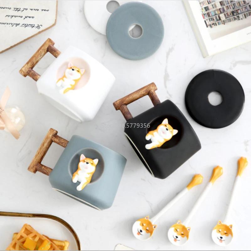 Cute Cartoon Animal Shiba Inu Ceramic Mug Creative Men And Women Couple With Lid Spoon Drinking Water Coffee Cup