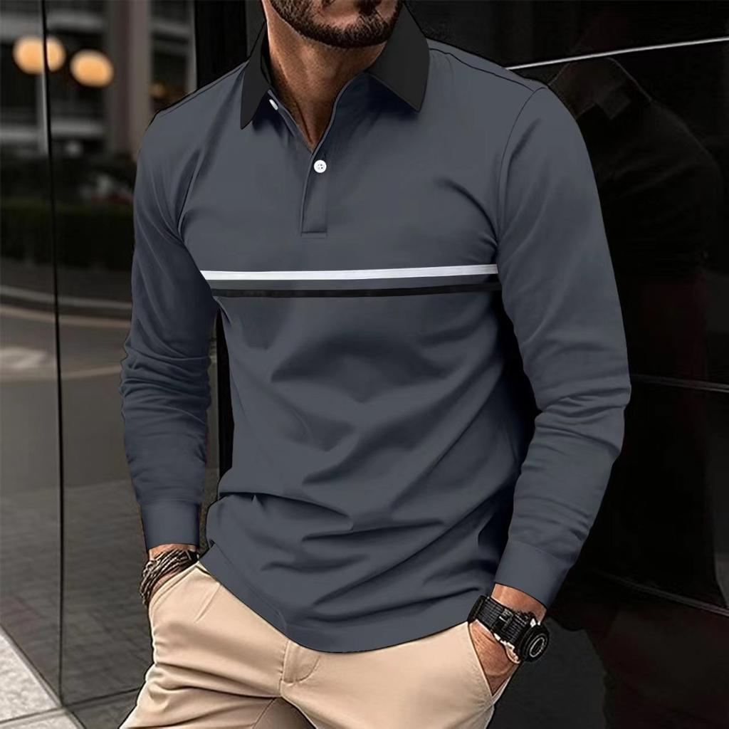 Autumn men's casual solid color POLO shirt with lapel button and men's long sleeved striped POLO shirt