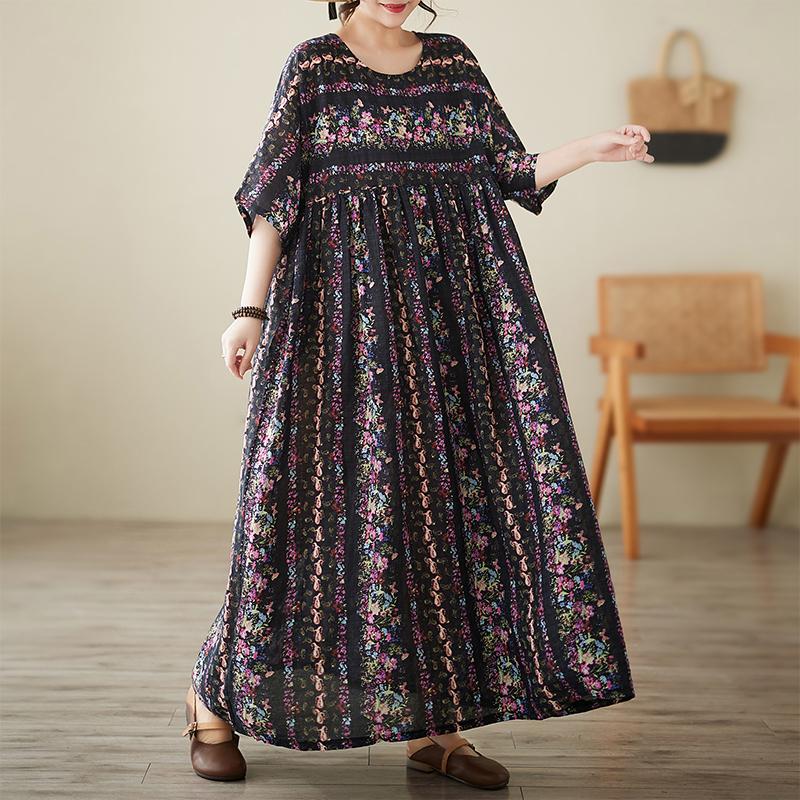 

DIMANAF New 2025 Summer Women Plus Size Dress Floral Printing Loose Elegant Basic Casual Long Dress Vintage One Size чёрный