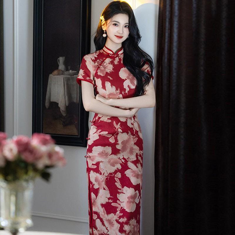 Red Long Cheongsam Dress Women 2026 Vintage Style Modern Chinese-Inspired Maxi With Mandarin Collar Small