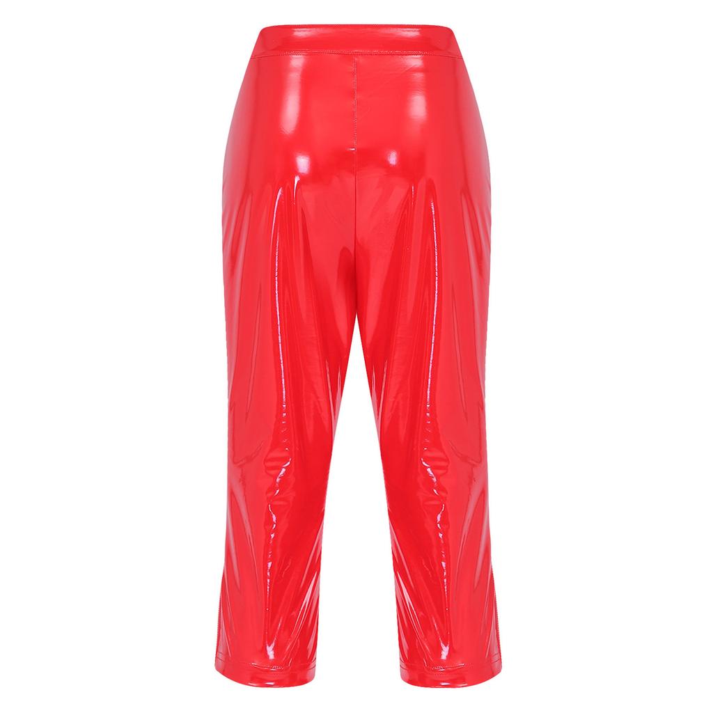 Hohe Taille Spaltbein Glänzende PU-Leder Capri-Hose Skinny Wet-Look Leggings für Damen Rave Club Y2K Outfit