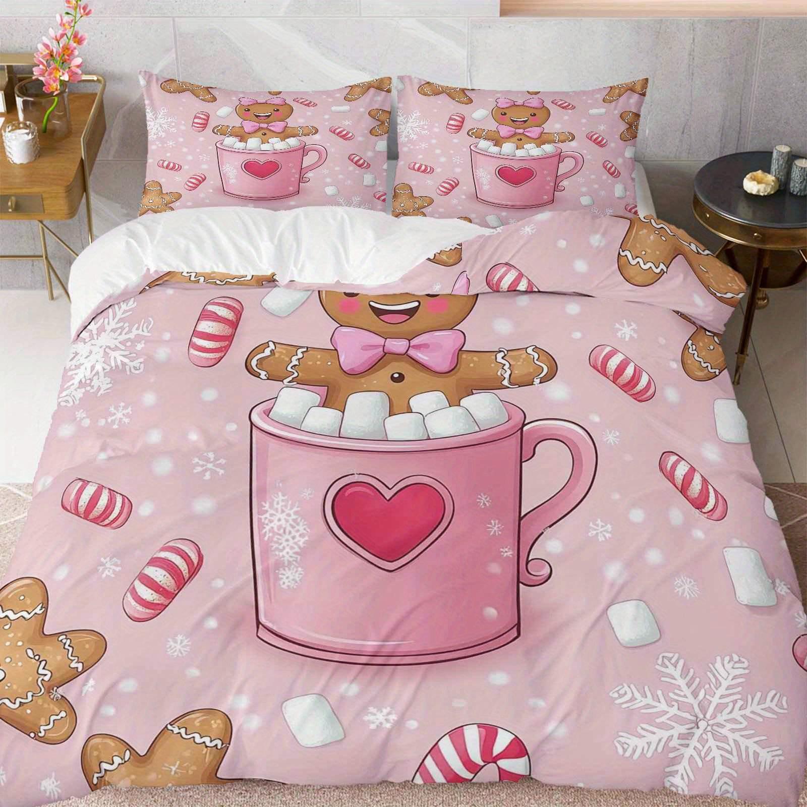 

Gingerbread Pink Candy Heart Snowflake Christmas Theme for Living Room Bedroom Hotel Home Decor Festive Holiday Bedding Set 90X200cm 2PCS