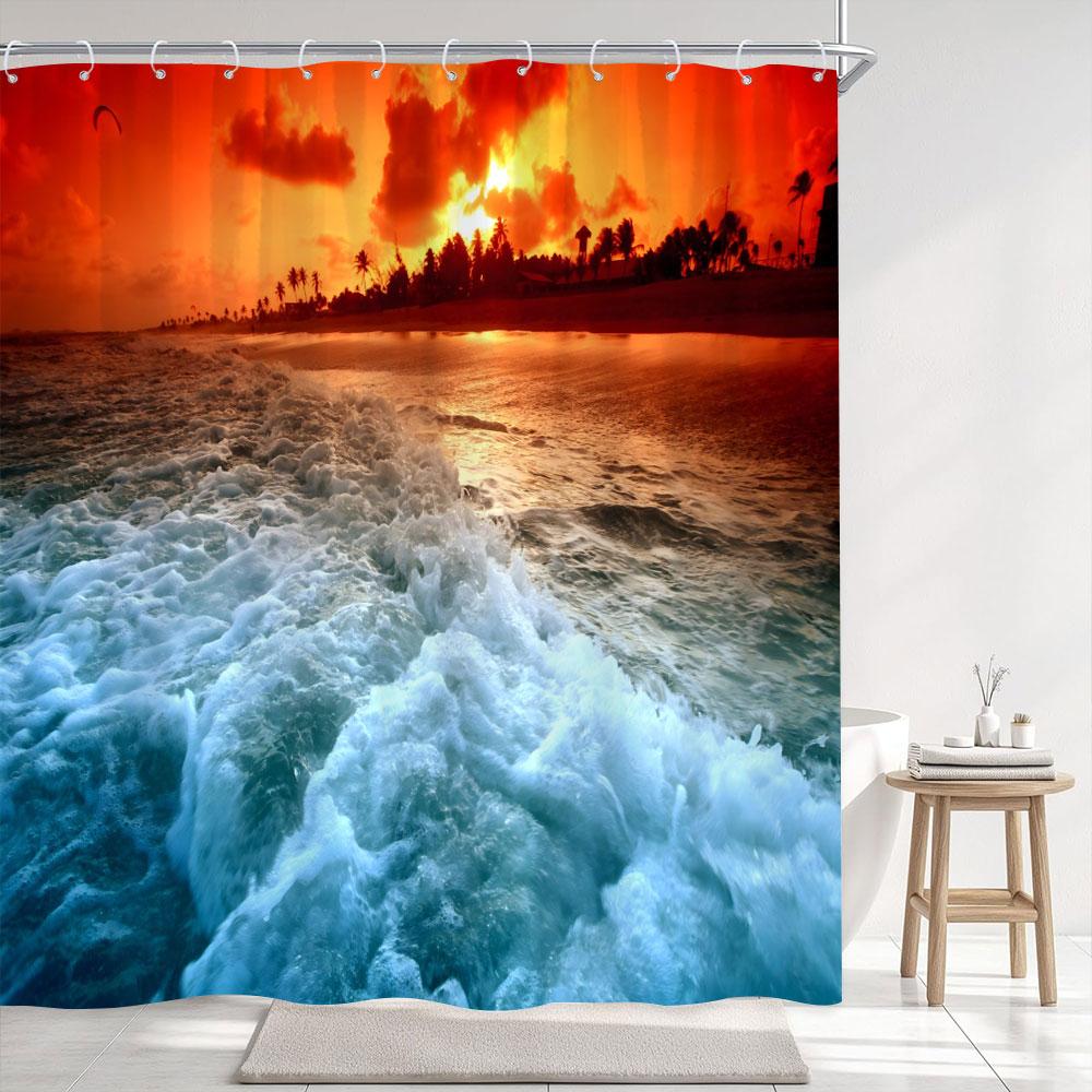 Dämmerung Sonnenuntergang Meeresstrand Außenlandschaft Duschvorhang Küsten Naturlandschaft Polyesterstoff Heim Badezimmer Vorhänge Badezimmer Dekor
