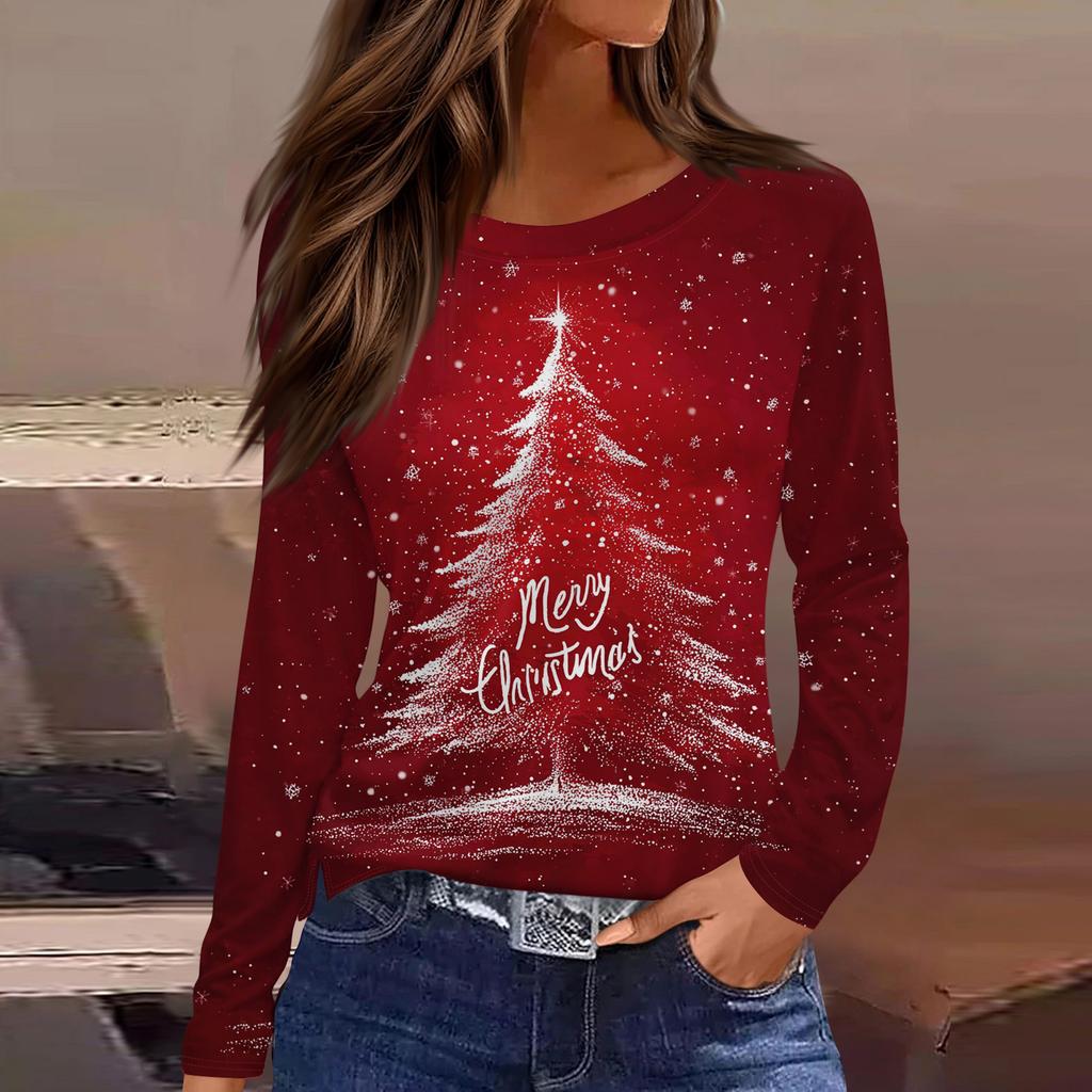 Women's Fashion Casual Slit Hem Round Neck Long Sleeve Loose Christmas Printed T-Shirt Ladies Top