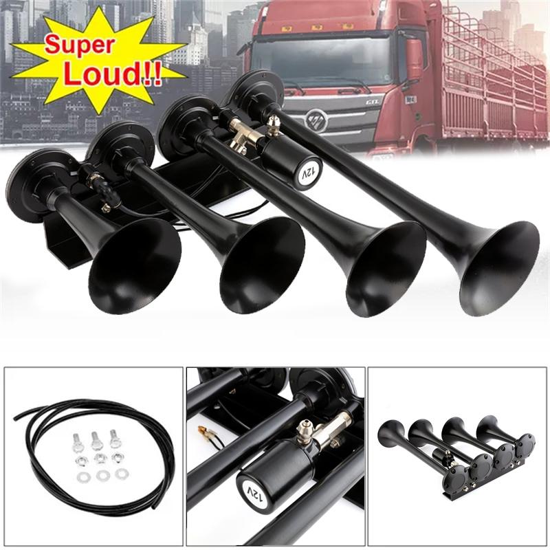 Bocina de Aire para Coche Súper Ruidosa de 135db y 12V con 4 Tubos Trompeta para Camión/Tren/Barco (Negro / plata)