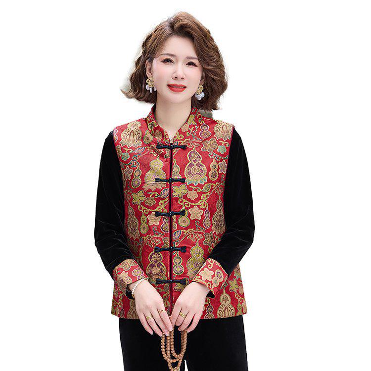 Spring Chinese Style Versatile Casual Vest Top & Frog Button Vest 3-Piece Set for Middle-aged and Elderly Moms