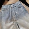 Korean Style Rhinestone Inlaid Gradient Washed High Waist Denim Pants - Women's Straight & Wide Leg Options.