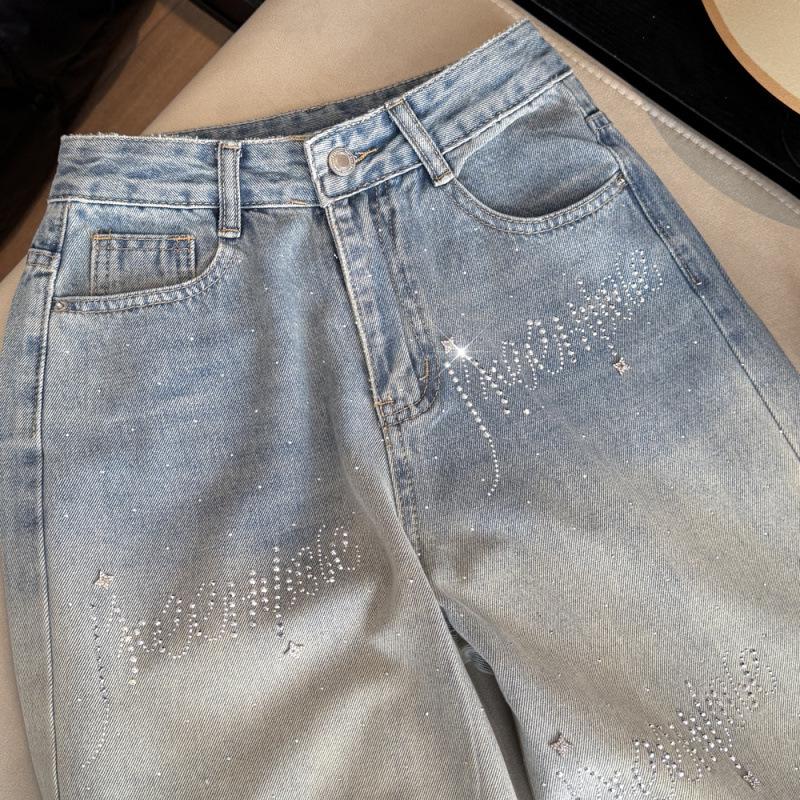 Korean Style Rhinestone Inlaid Gradient Washed High Waist Denim Pants - Women's Straight & Wide Leg Options.