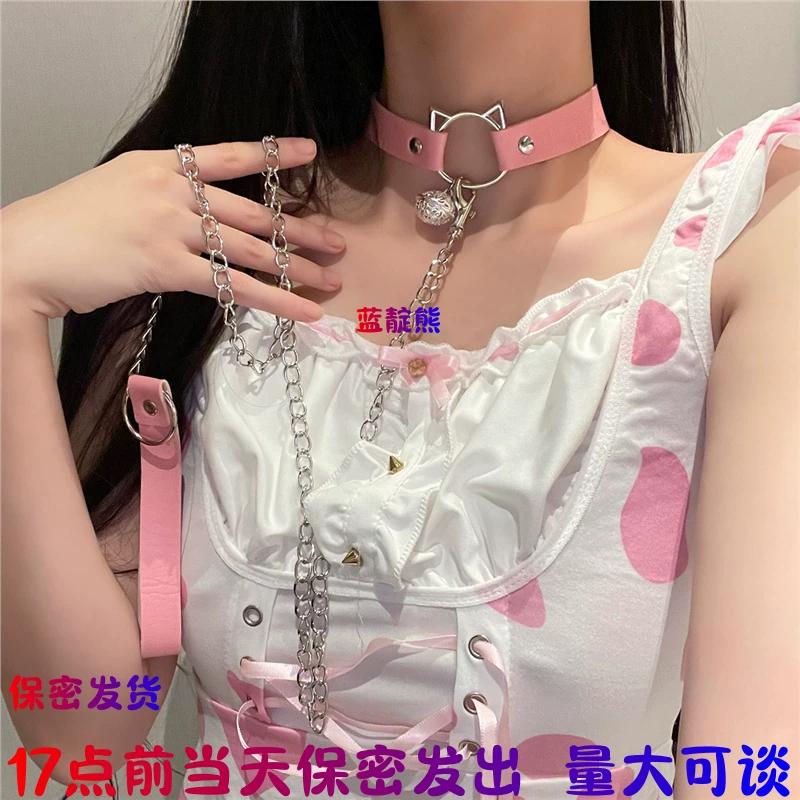 Cat Bell Choker with Leash and D-Ring K9 Necklace Punk Collar for Women
