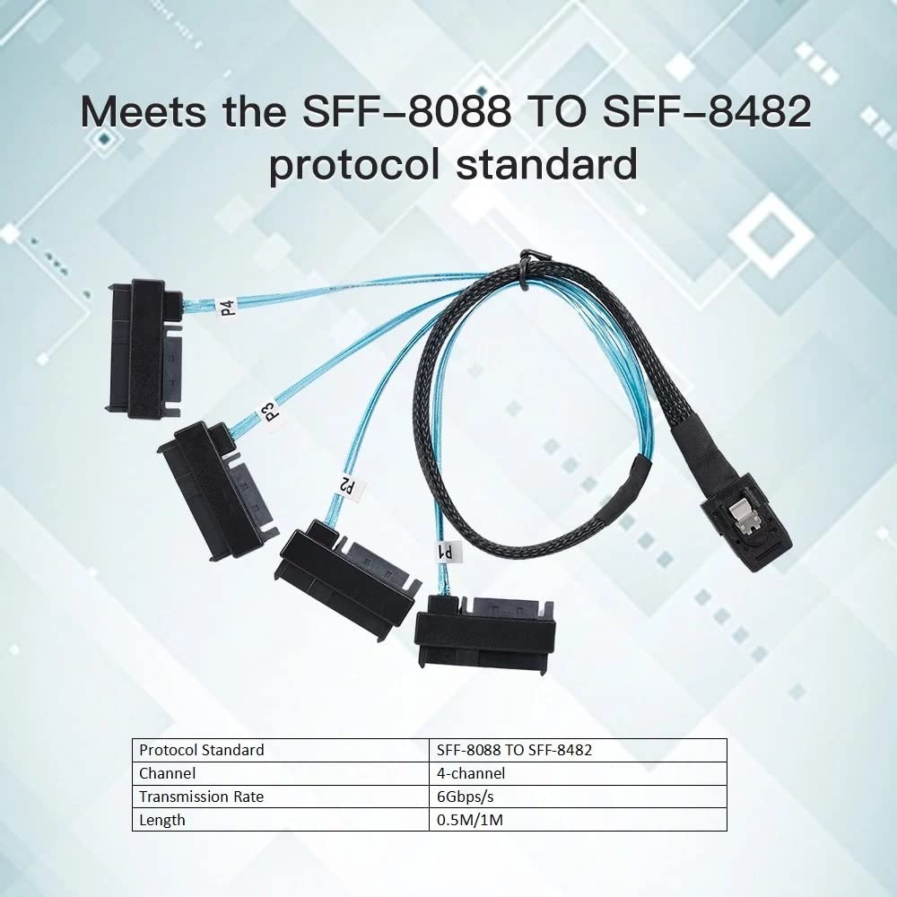 NFHK Internal Mini SAS Host to 4 Target SAS Hard Disk IDE Power 50cm 36-Pin SFF-8087 SFF-8482 Cable,