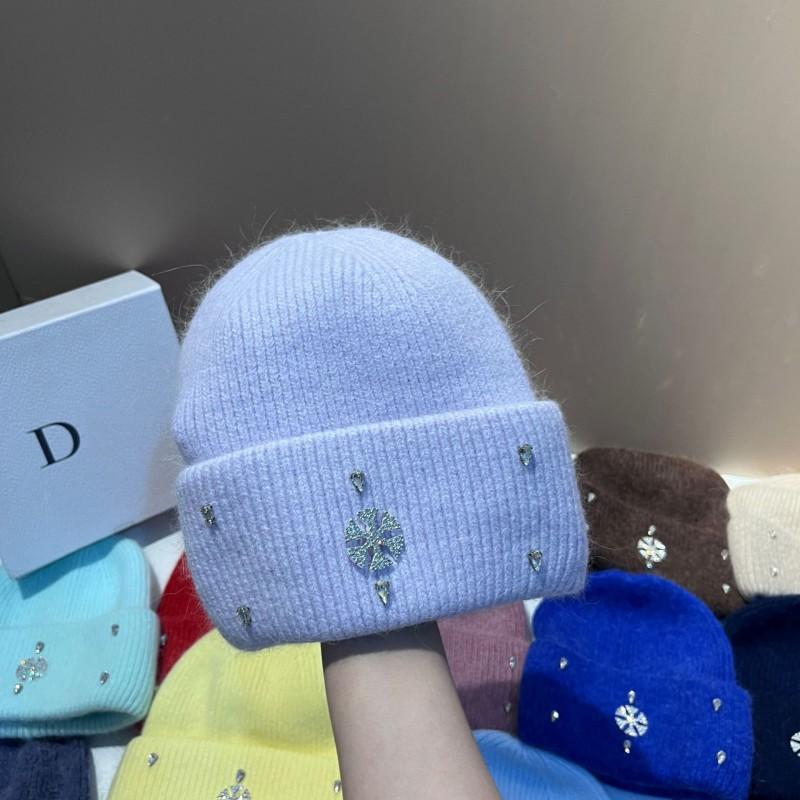 Winter Warm Knit Hat Rabbit Fur Faux Snowflake Rhinestone Earflap Beanie Fashionable Soft