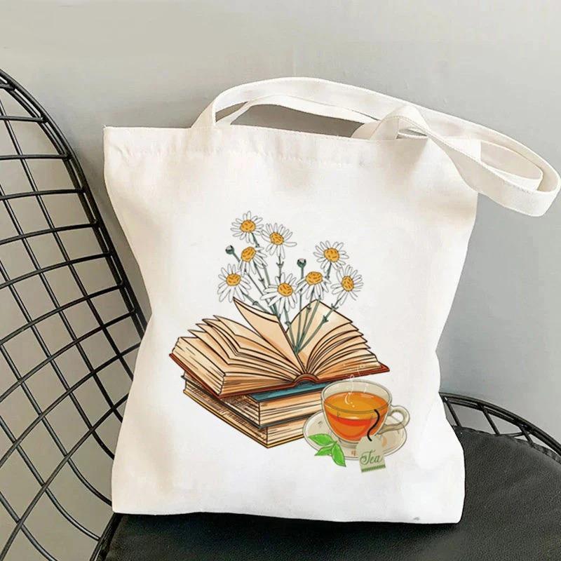 Book Lover Floral Canvas Tote Bag Cute Large Capacity Shoulder Bag for Reading Enthusiasts Perfect for Commute School