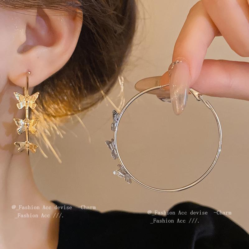 Silver Needle Metal Butterfly Hoop Earrings - Fashionable, Cool, Spicy Girl Style, Versatile, Sweet.