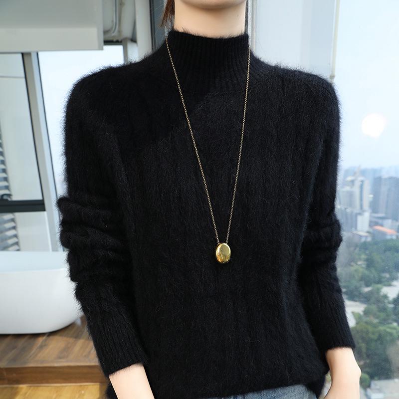 Lekasha Women's Mink Cashmere Knit Pullover - Half-High Neck, Autumn/Winter Loose Fit.