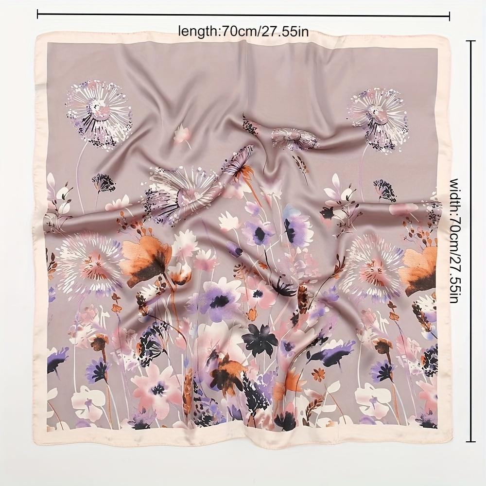27.55inch Light Purple Flower Print Square Scarf Simulated Silk Thin Neck Scarf Elegant Style Sunscreen Headscarf For Women