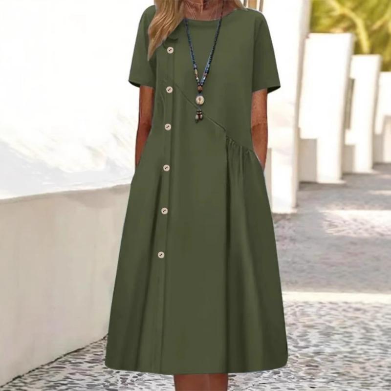 Summer O Neck Buttons A-line Loose Dress Short Sleeve Elegant Pleated Casual Dress Large Size Party Solid Color Fashion Ladies Female Simple Clothing