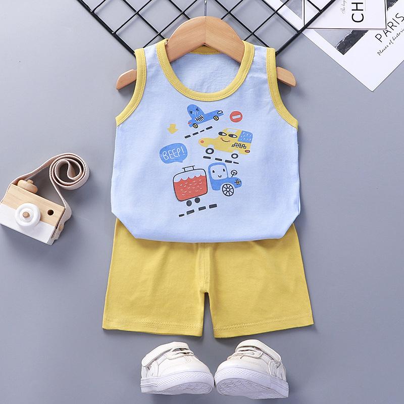 Summer Kids Non Sleeve O Neck Vest Pants Set Casual Baggy 2pcs Suit Cotton Cartoon Printes Outfit