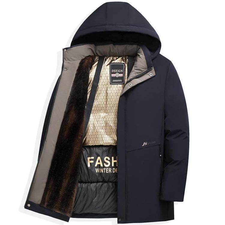 Men Winter Jacket Windproof Warm Thicken Padded Mid Length Coat with Faux Fur Lining Hooded Business Casual Outwear