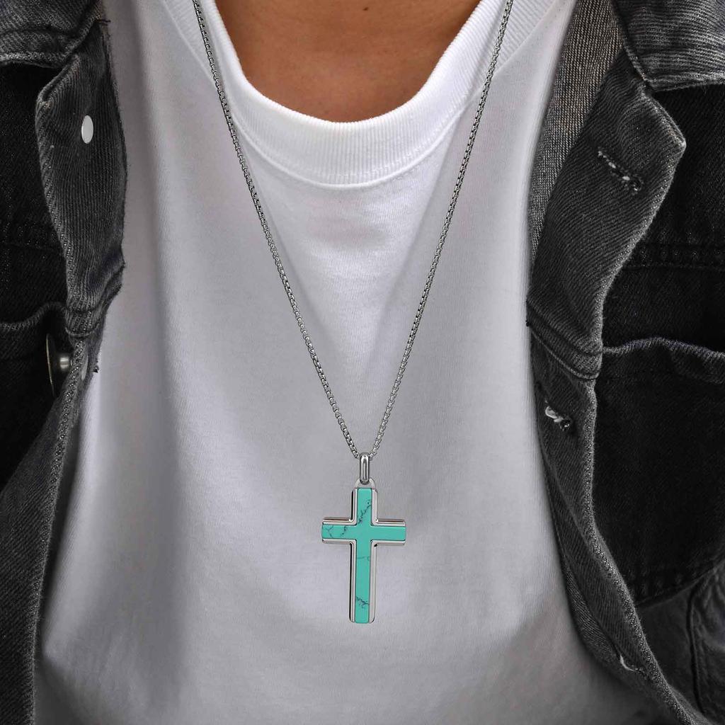 Collar Colgante Cruz de Acero Inoxidable Clásico, Ágata Negra Turquesa Ojo de Tigre Piedra Natural Moda Vintage Joyería para Hombres
