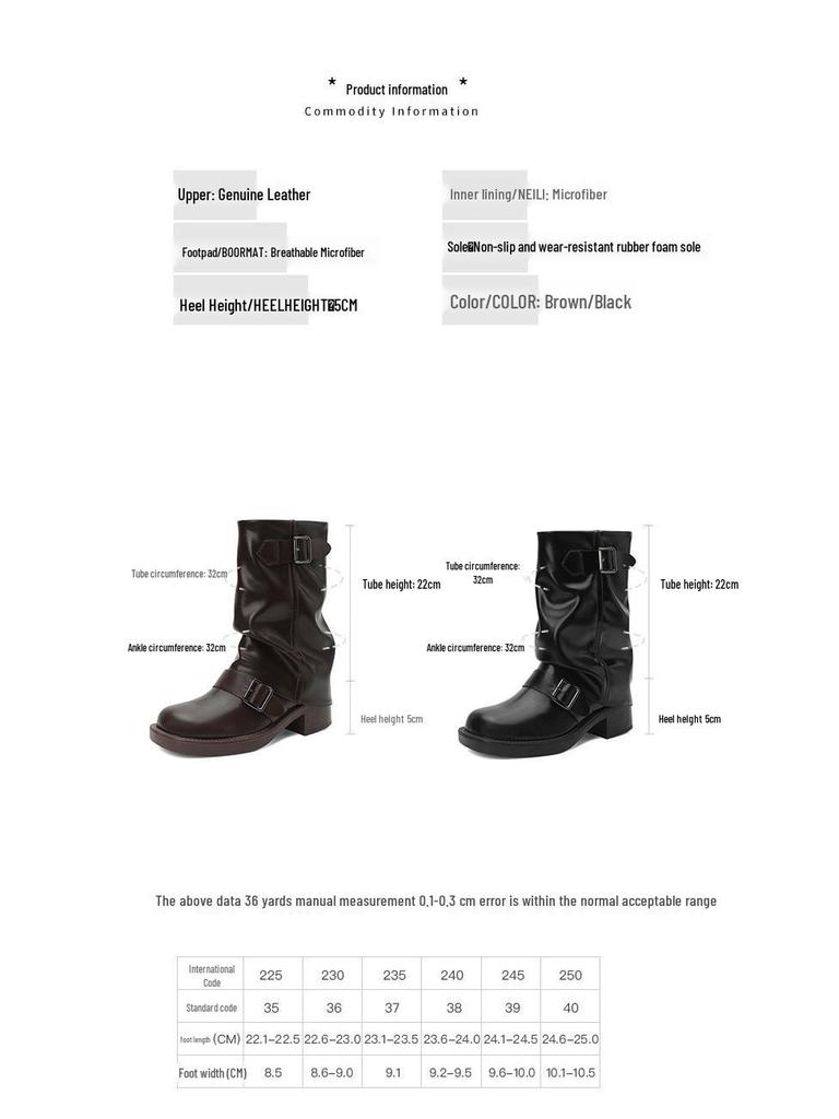 Women's Retro Buckle Mid-Calf Chunky Heel Boots: Round Toe, Wide Shaft, Ruched Ankle, Western Style for Autumn/Winter