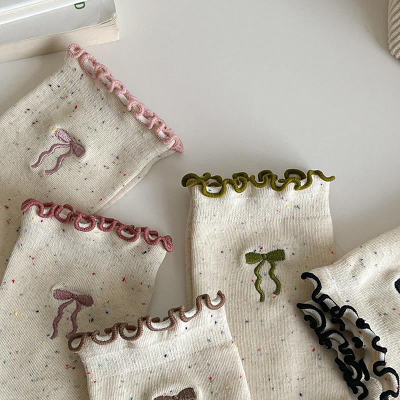 SCIONE Women's Pile Socks Solid Color Cotton Socks Spring and Autumn Yarn Stockings Cute Kapibala Series Ruffled Trim Embroidered Girl Socks