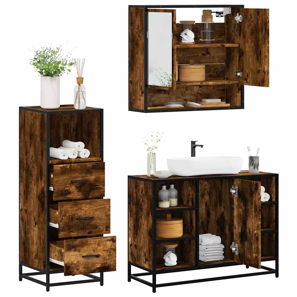 3 Piece Bathroom Furniture Set Smoked Oak Wood Based Material