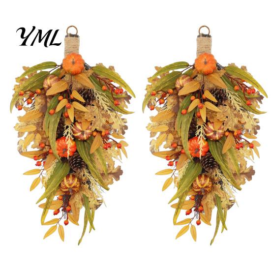 Fall Front Door Decor Artificial Teardrop Swag, Faux Pumpkins Berries Pinecones Leaves Decorative Autumn Water Drop Swag Harvest Wreath for
