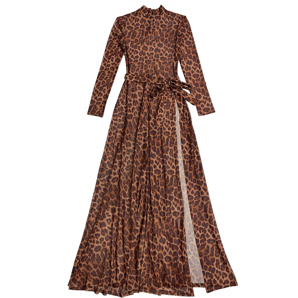 Women's Sexy Leopard Print Long Sleeve Split Dress