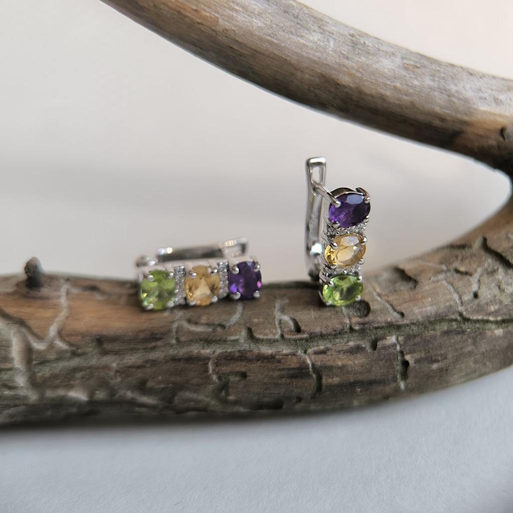 Серебряные серьги с натуральным аметистом 2.352ct, цитрином, хризолітом (2193203)