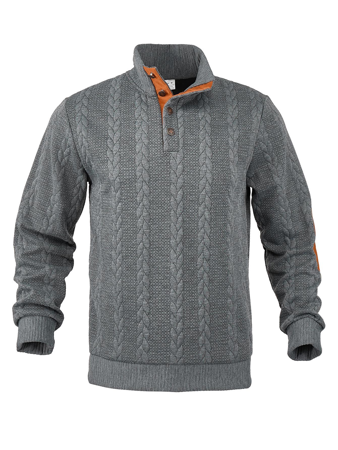 Men s Jacquard Henley Casual Sweatshirt with Button Stand Collar Small темно-серого