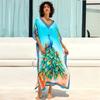 EDOLYNSA Elegante Plus Size Mulheres Pavão Estampado Boho Kaftan 2024 Verão V-Neck Manga Morcego Vestido de Praia Maiô Cover Up Vestido de Casa Q1674