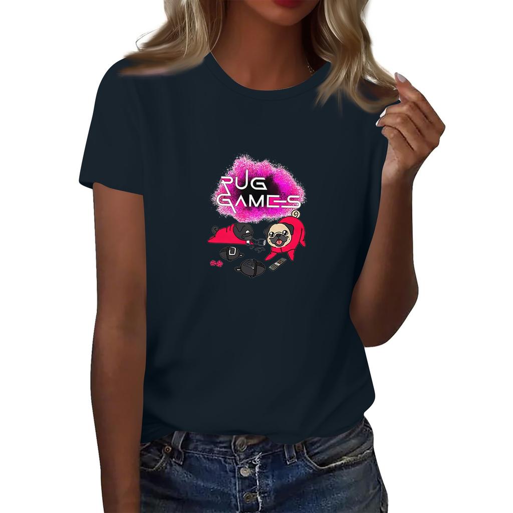 Damen Rundhals Bedrucktes Kurzarm T-Shirt Top