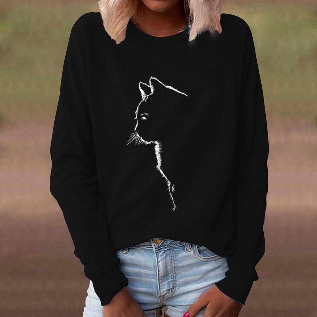 Women's Casual Loose and Comfortable Cat Pattern Printed Round Neck Long Sleeved Pullover