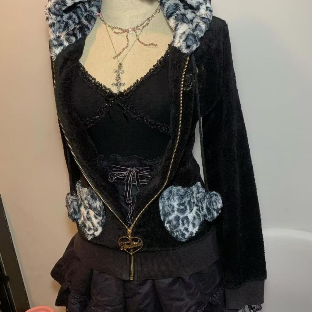 VAYLA Streetwear Y2K Dame Pullover Hettegenser Retro Harajuku Rosa Leopardtrykk Lappeteppe Genser Mote Trend Sportsklær Hettegenser Topp