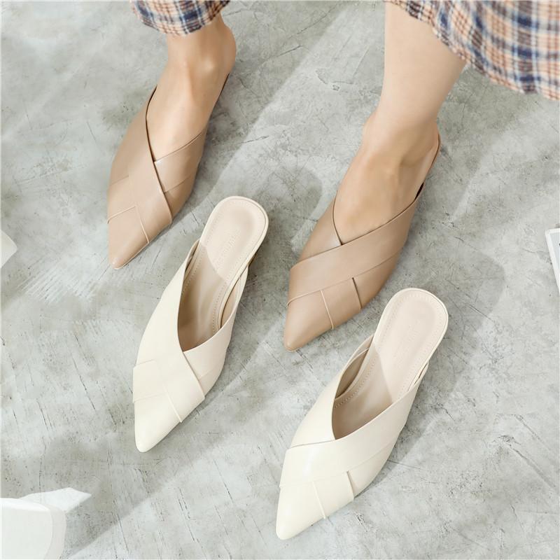 Women Female Fashion Casual Crossed Knit Pointed Toe Half Slides Med Chunky Heels Woman Slippers Scuff Mules Shoes 869